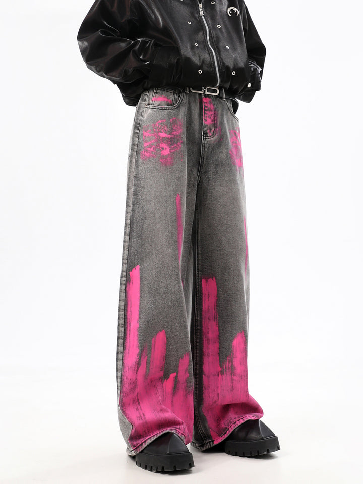 Graffiti Drape Bred-Leg Jeans Bukser