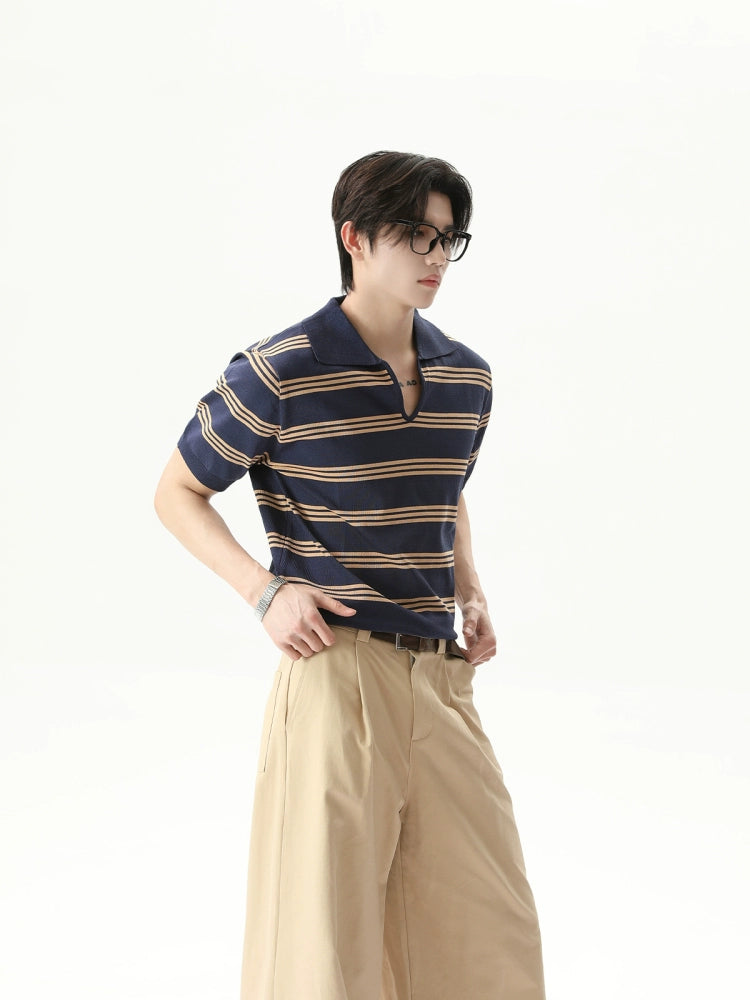 Gestreepte V-hals revers korte mouw pullover