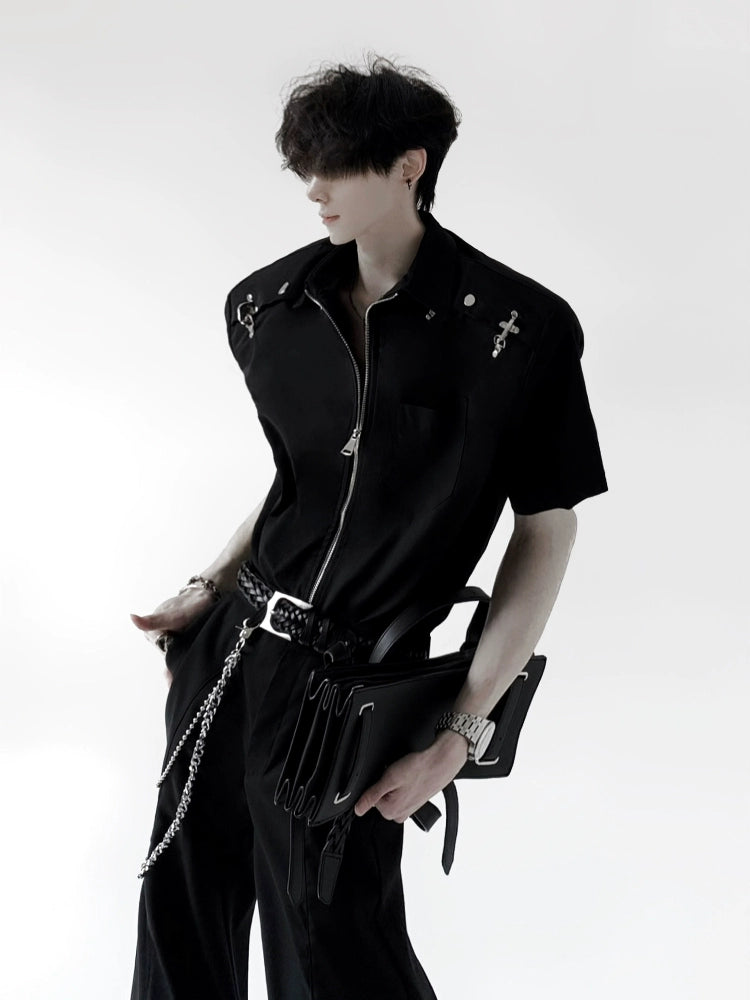 Metal Detail Zip Shoulder Pad Shirt