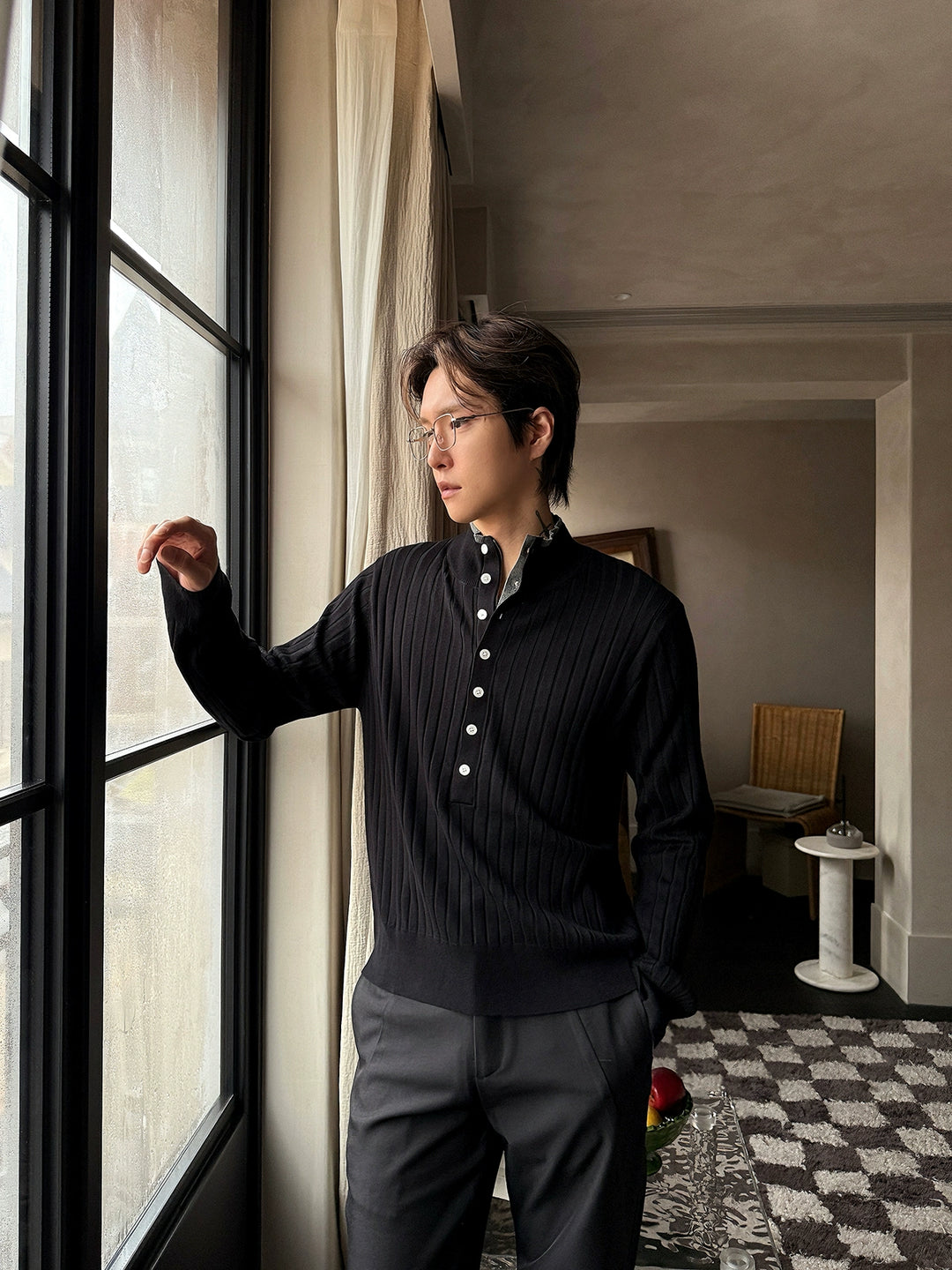 Ribbed Knit Button Pullover