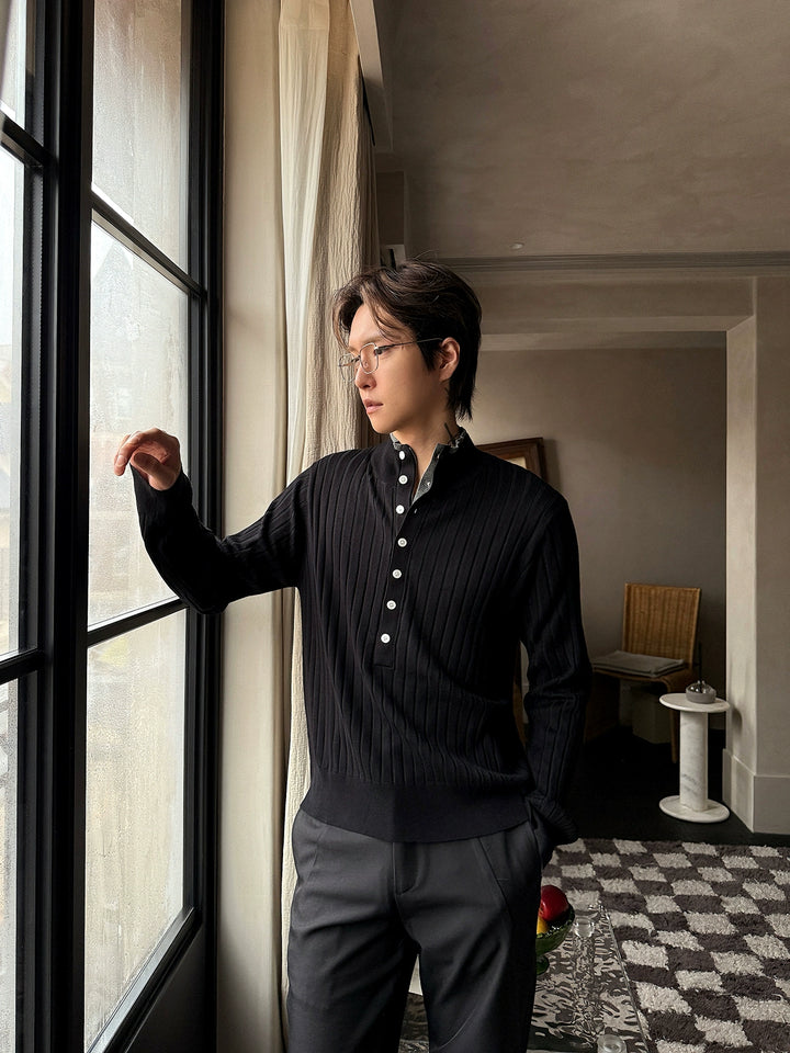 Ribbed Knit Button Pullover