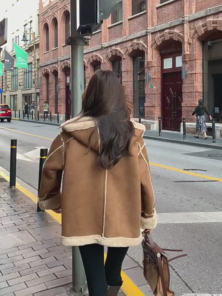 Hooded Suede Lamb Wool Winter Jacket