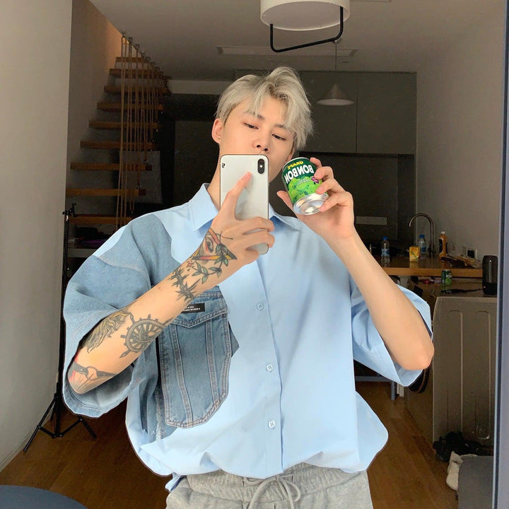Oversized Patchwork Denim Shirt