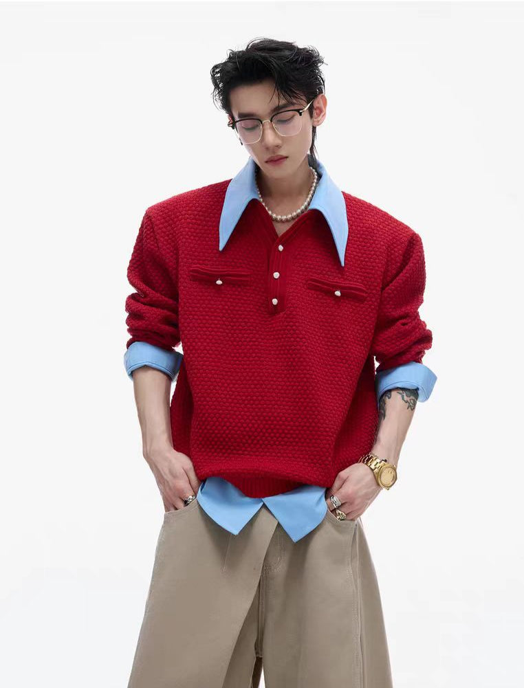 Contrast Stitching Knitted Polo Shirt
