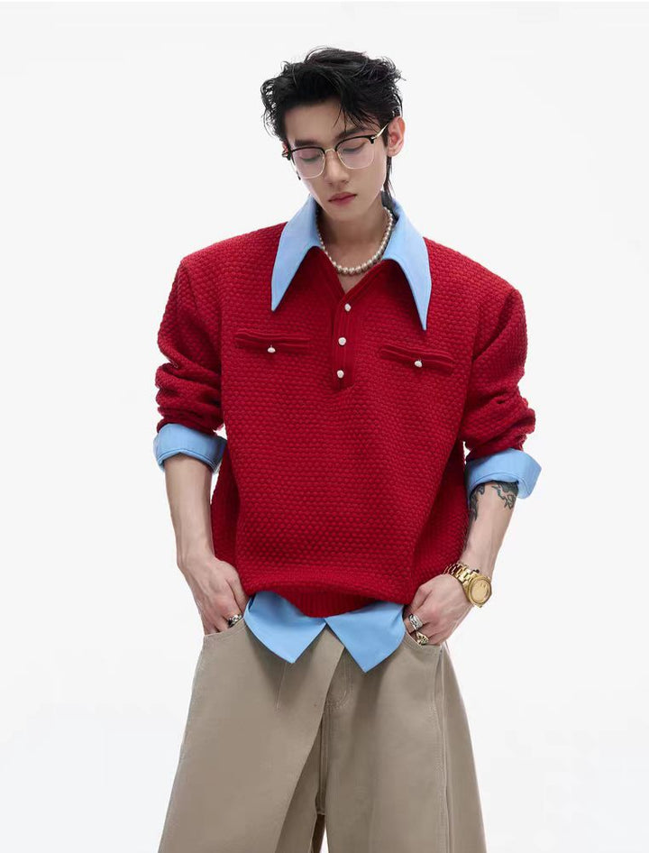 Contrast Stitching Knitted Polo Shirt
