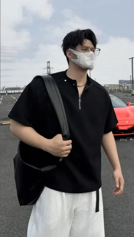 سويت شيرت نصف سحاب بأكمام قصيرة ثقيلة الوزن 