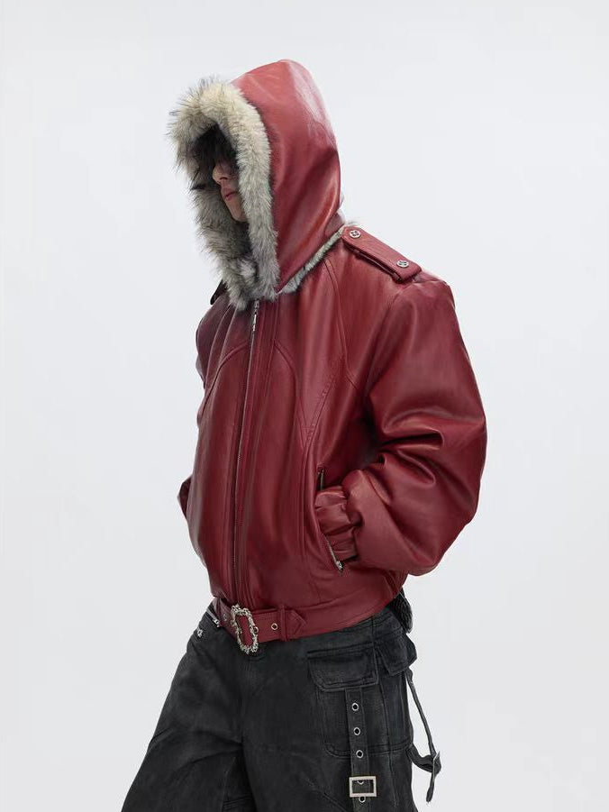 Veste à capuche en simili cuir avec garniture en fourrure 