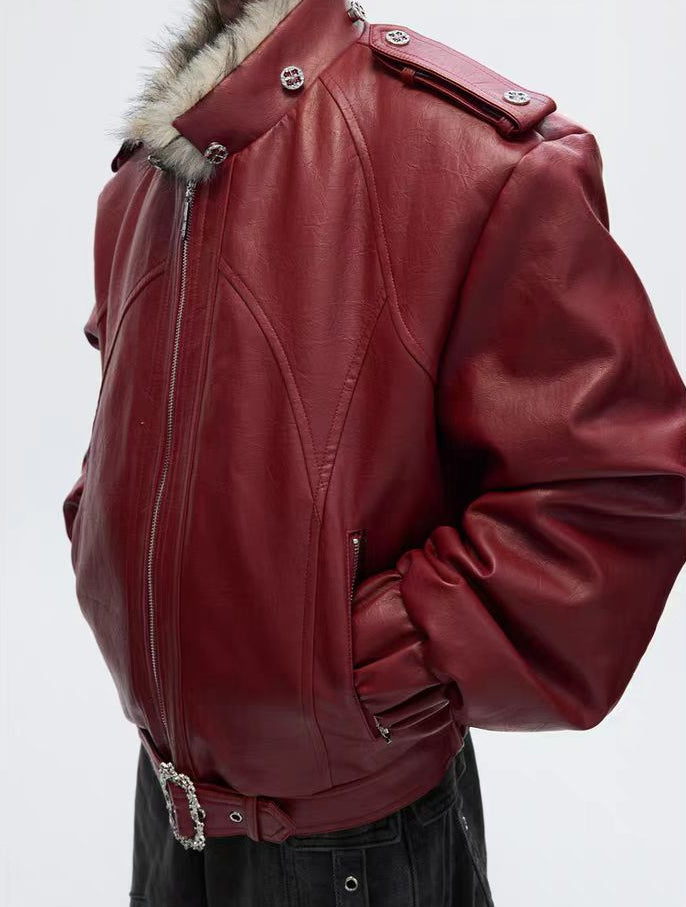 Veste à capuche en simili cuir avec garniture en fourrure 