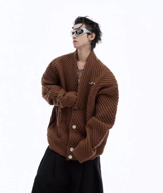 Pleated Knit V-Neck Cardigan
