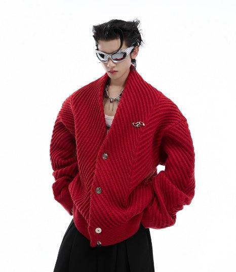 Pleated Knit V-Neck Cardigan
