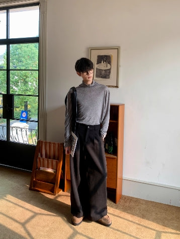 Pantalons décontractés en laine plissée à coupe droite 