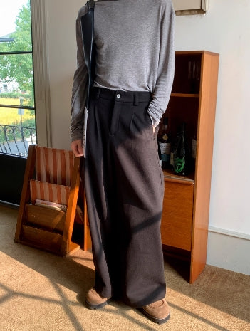 Pantalons décontractés en laine plissée à coupe droite 