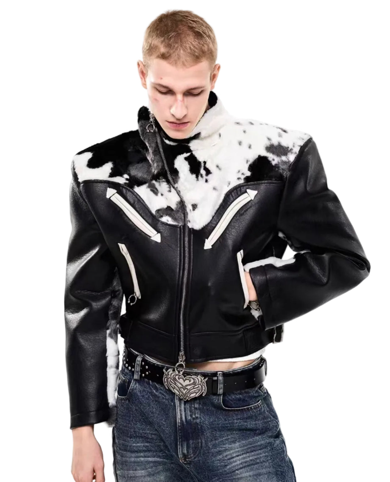 Cow Print Fur Motorcycle Leather Jacket