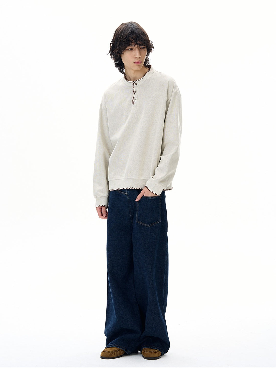 Hand-Stitched Henry Collar Knitted Top