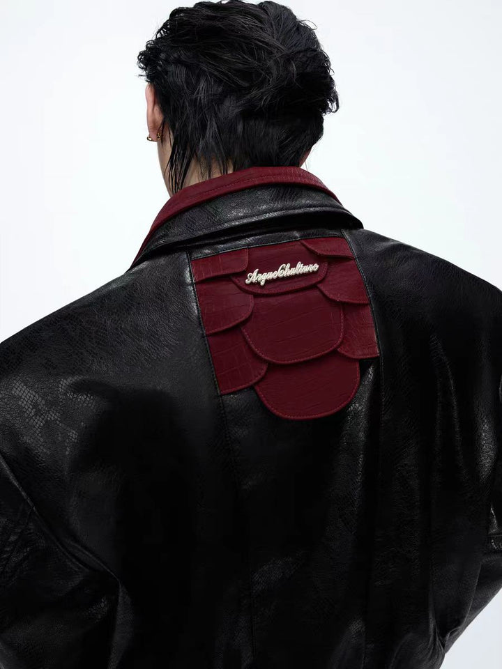 光沢のあるヘビ革コントラストステッチレザージャケット 