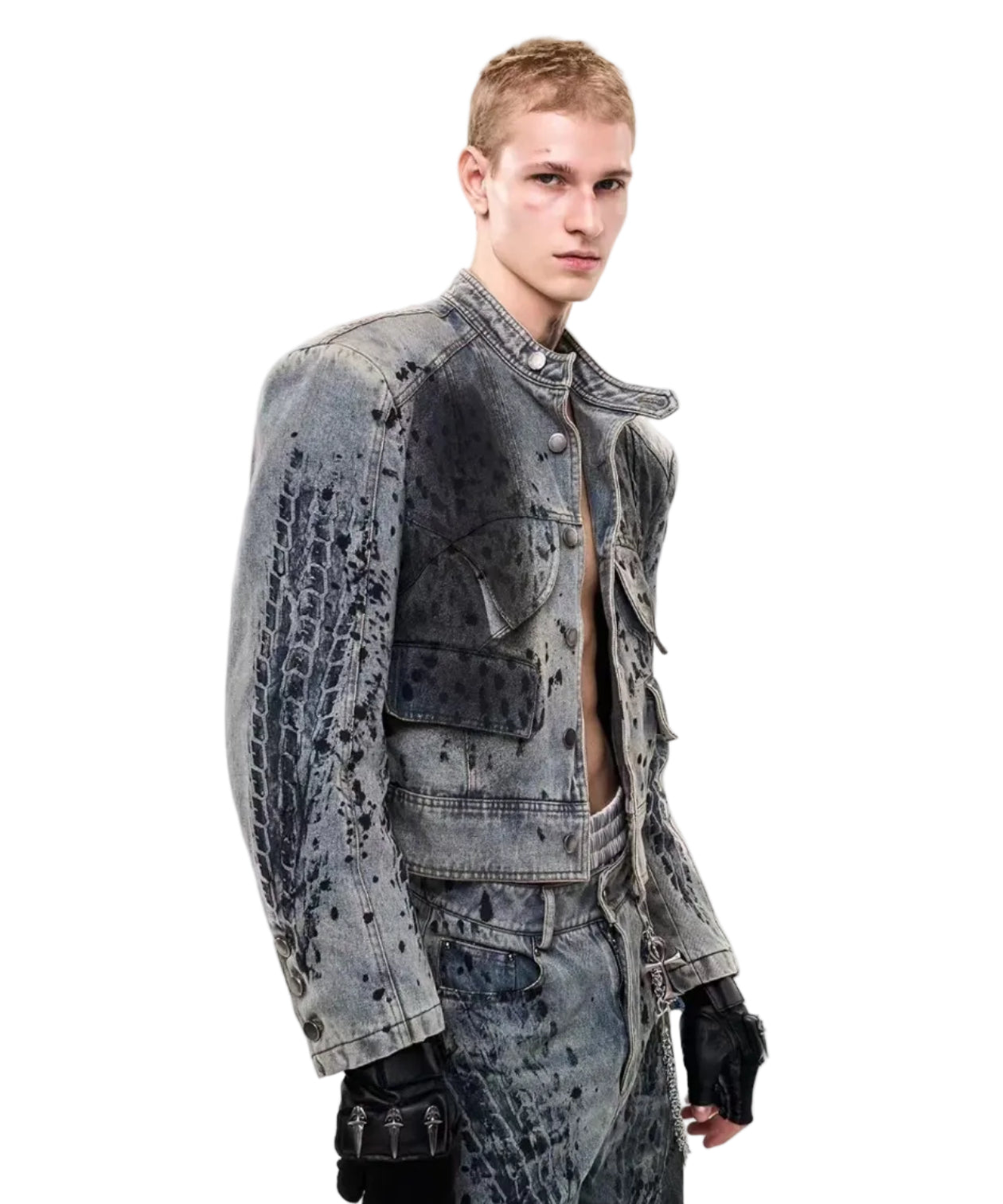 Tire-Print Stand Collar Denim Jacket