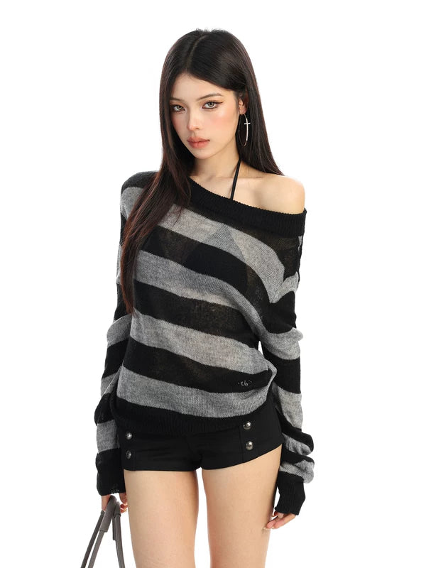 ,6030676097675,6030676097676,6030676097677, Striped Sheer Off-Shoulder Knit Sweater