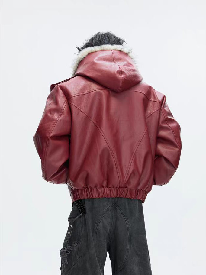 Veste à capuche en simili cuir avec garniture en fourrure 