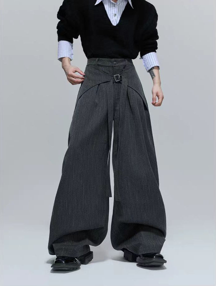 Geniş Paça Çizgili Yırtmaçlı Drapeli Pantolon 