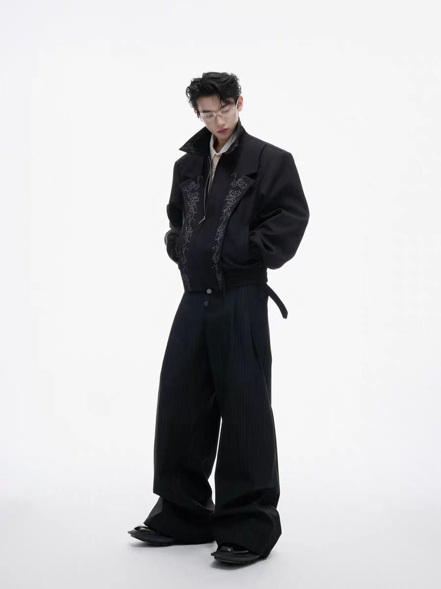 자수 장식 라펠 재킷 및 바지 세트 