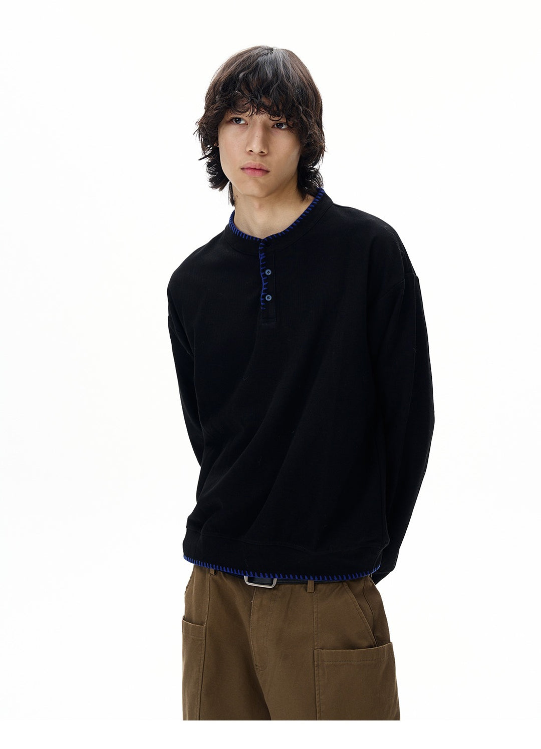 Hand-Stitched Henry Collar Knitted Top