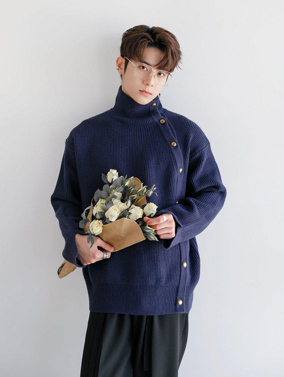 Metal Button High Collar Sweater