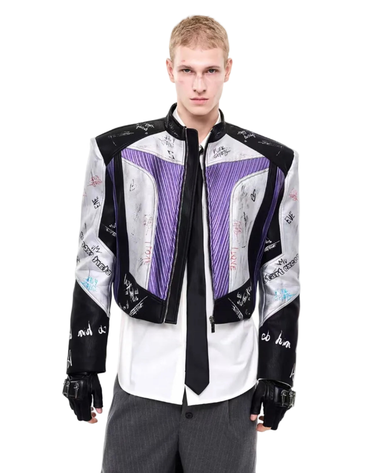 Кожаная куртка с граффити и воротником-стойкой 