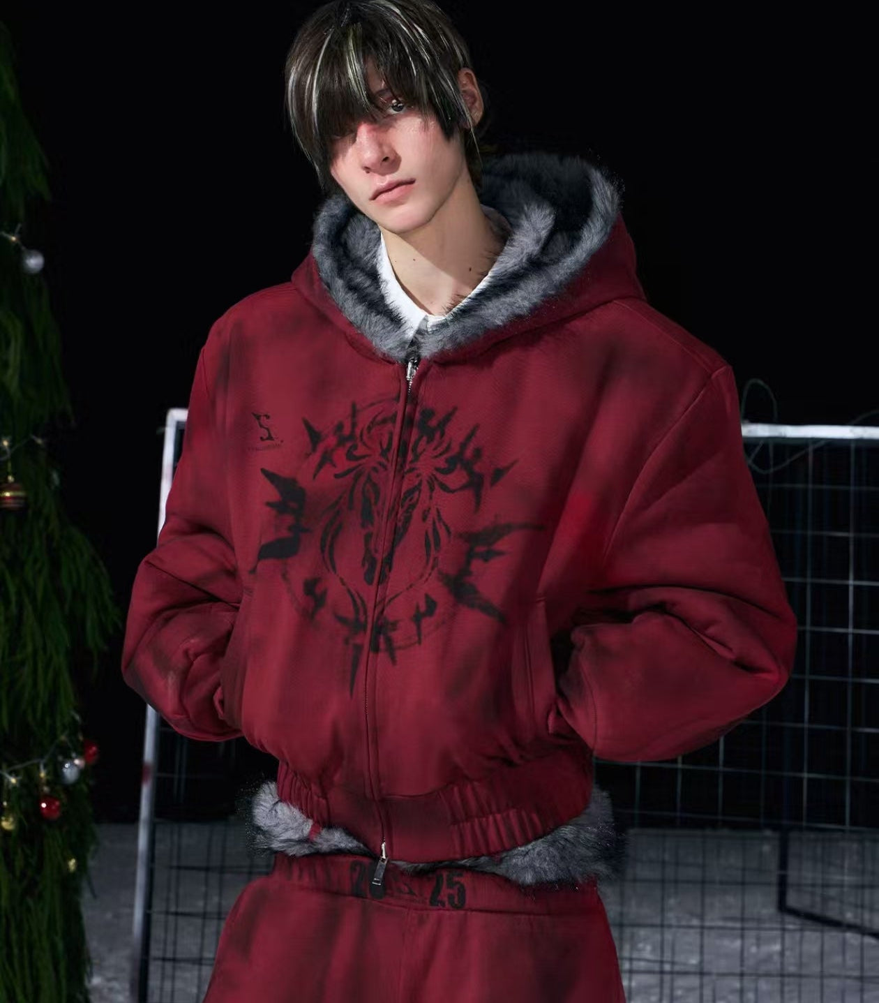 양면 후드형 인조 모피 그래픽 후드티 