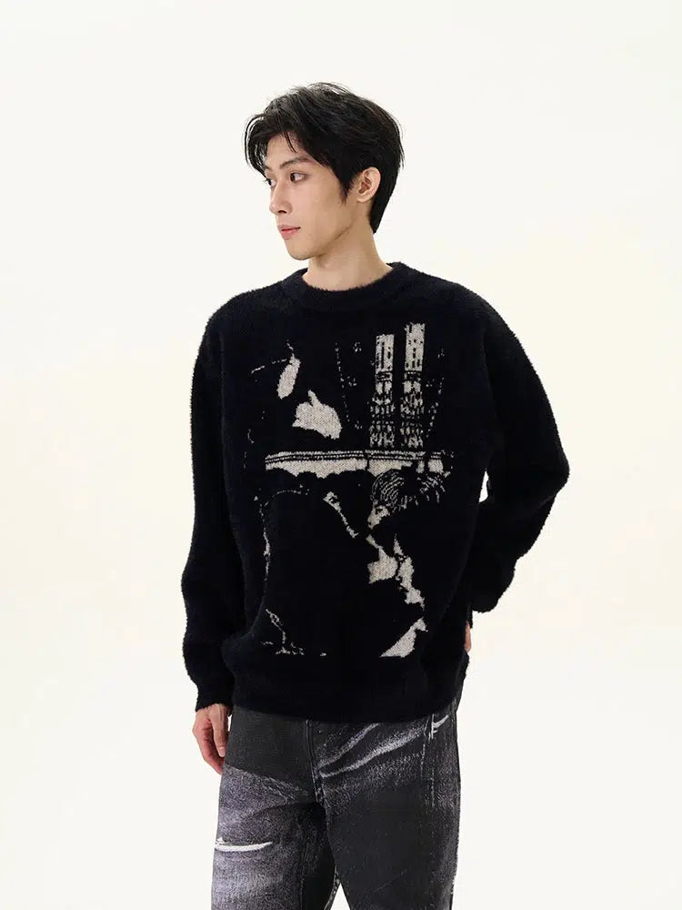 Abstract Design Graphic Knit Sweater Black S