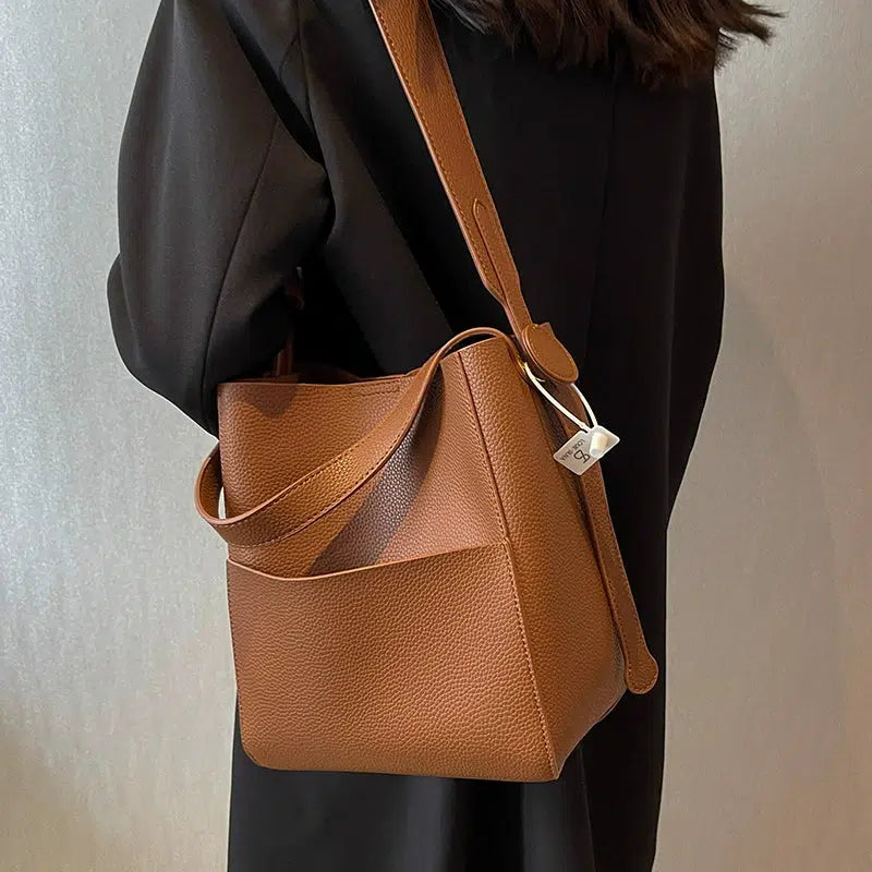 Adjustable Strap Leather Bucket Bag