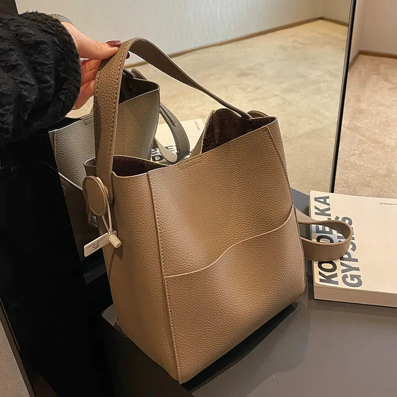 Adjustable Strap Leather Bucket Bag