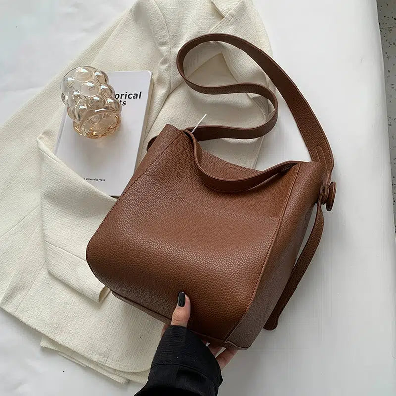 Adjustable Strap Leather Bucket Bag
