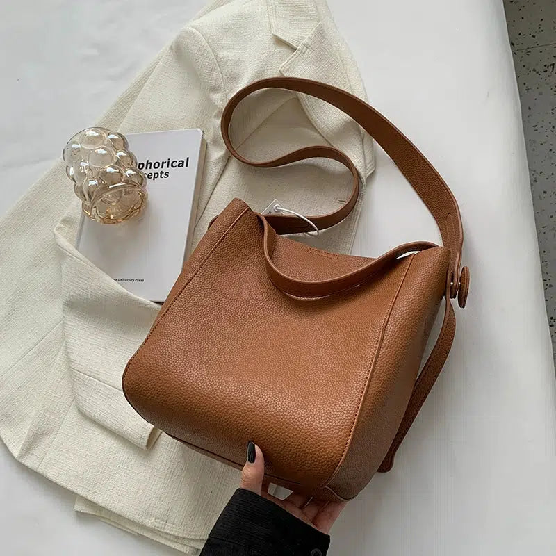 Adjustable Strap Leather Bucket Bag