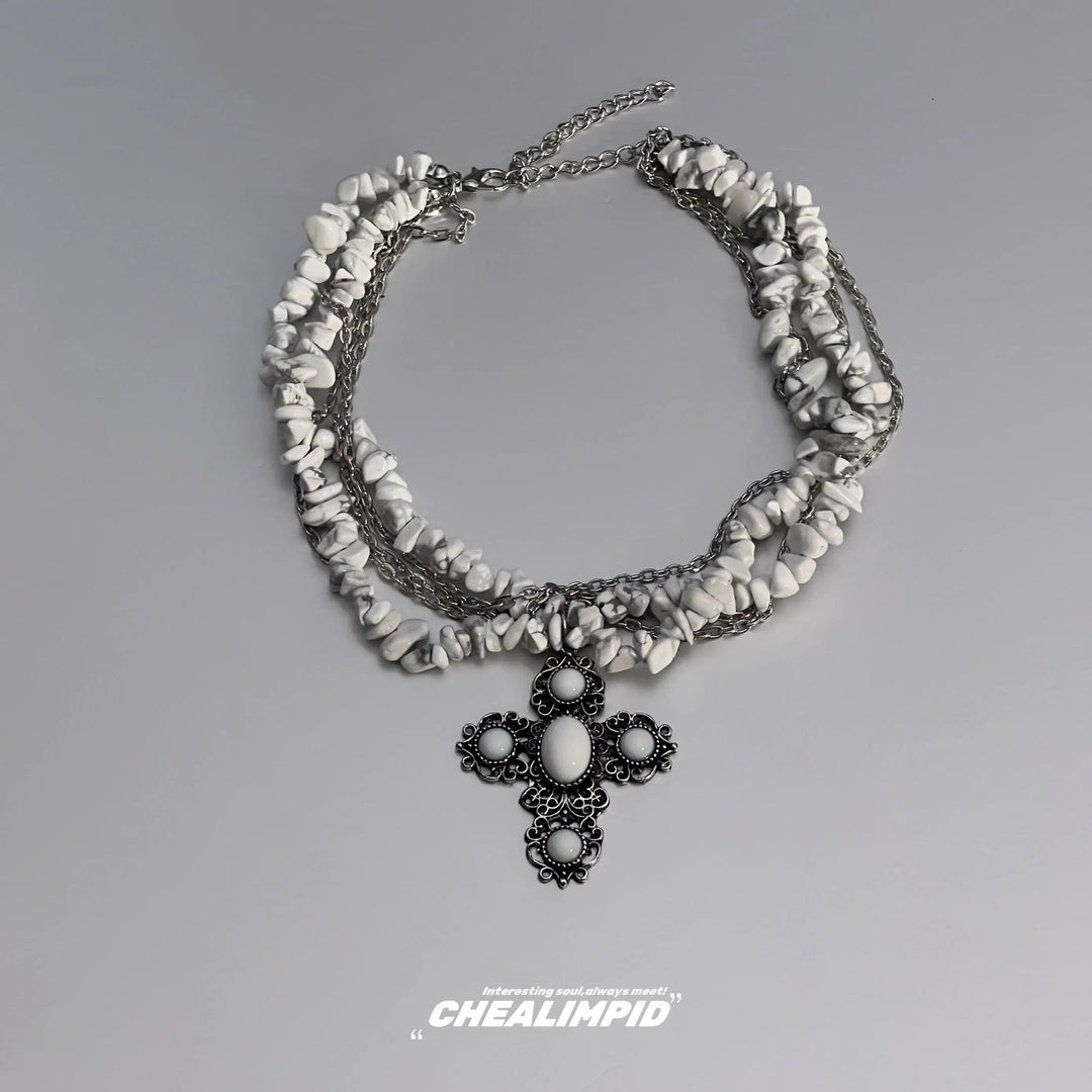 Agate Crushed Stone Cross Necklace