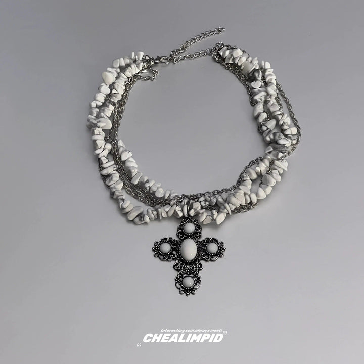 Agate Crushed Stone Cross Necklace