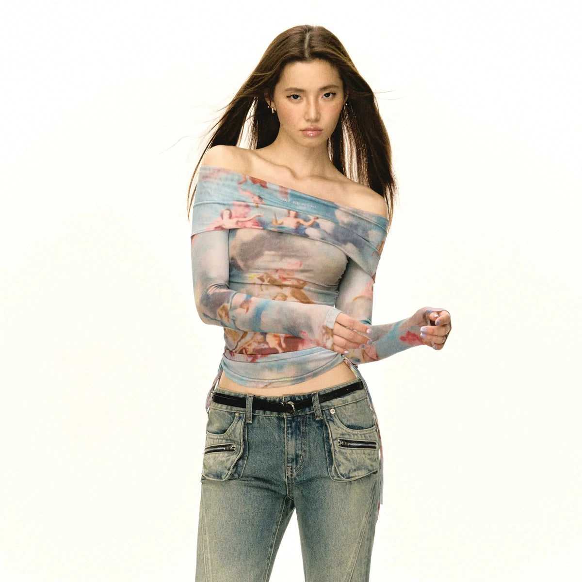 Angel Print One Shoulder Long Sleeve Pullover