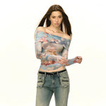 Angel Print One Shoulder Long Sleeve Pullover