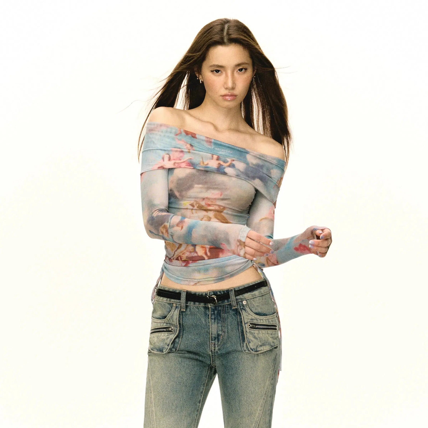 Angel Print One Shoulder Long Sleeve Pullover