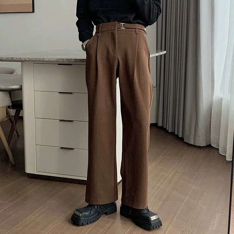 Autumn and Winter Pleated Pants with Adjustable Belt