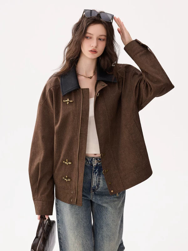 Button-Up Bomber Jacket with Contrast Collar 3