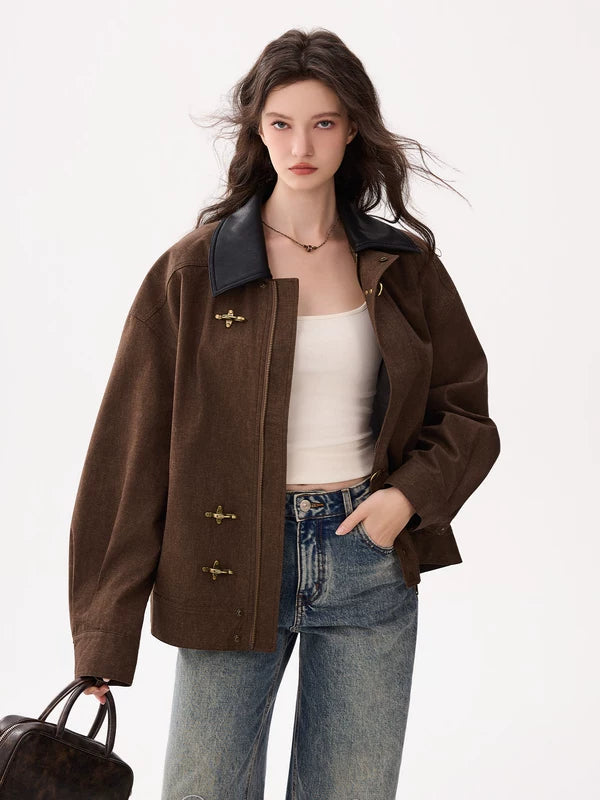 Button-Up Bomber Jacket with Contrast Collar 4