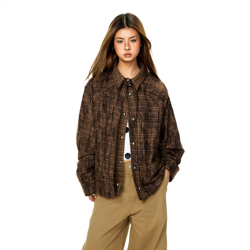 6192790310426,6192790310427,6192790310428,6192790310429, Plaid Distressed Long-Sleeve Shirt Jacket