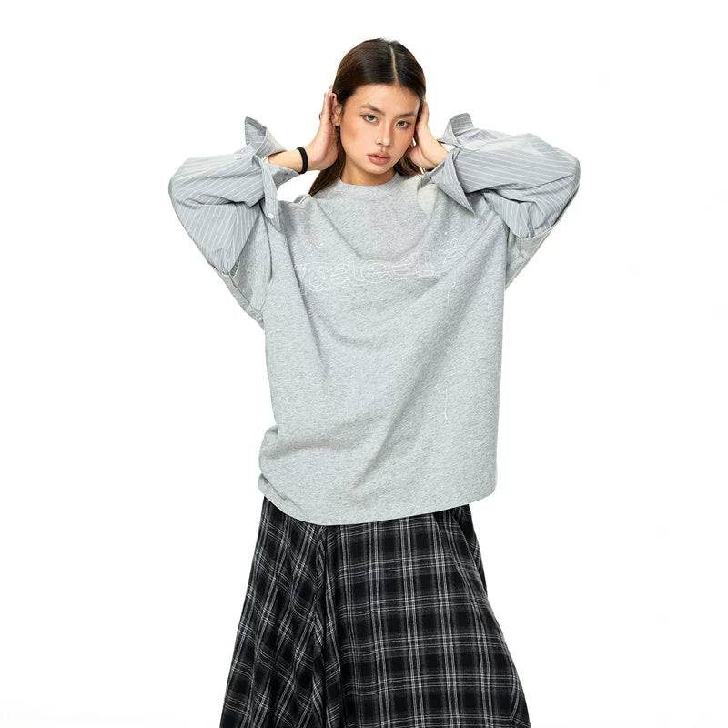 ,26563:8461999,6185018303389,26563:8461999,6185018303390,26563:8461999,6185018303391,6185018303389,6185018303390,6185018303391, Faux Layered Striped Sleeve Graphic Pullover