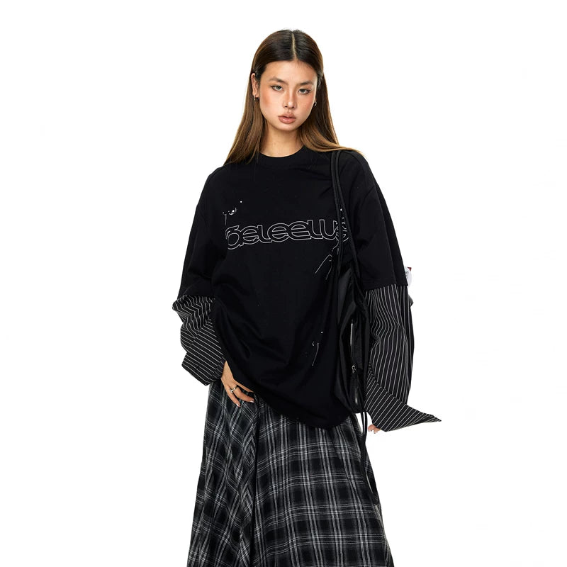 ,26563:28341,6185018303392,26563:28341,6185018303393,26563:28341,6185018303394,6185018303392,6185018303393,6185018303394, Faux Layered Striped Sleeve Graphic Pullover