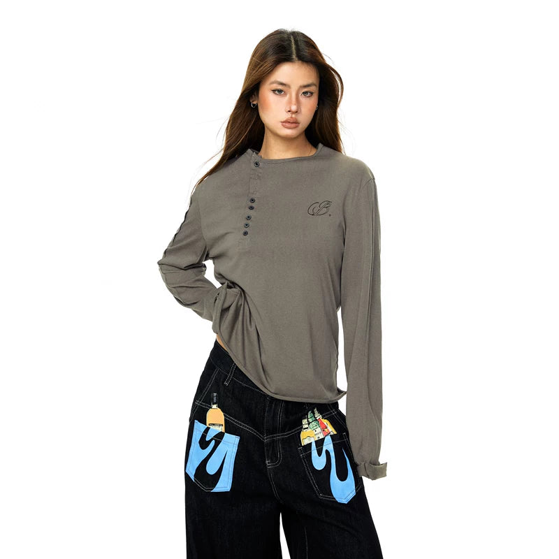 ,25416:28334,6185116979793,25416:28334,6185116979794,25416:28334,6185116979795,25416:28334,6185116979796,6185116979793,6185116979794,6185116979795,6185116979796, Retro Henley Collar Embroidered Long Sleeve Top