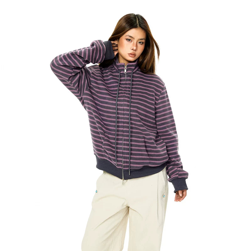 6025108949656,6025108949657,6025108949658,6025108949659, Striped Stand Collar Zip Knit Cardigan