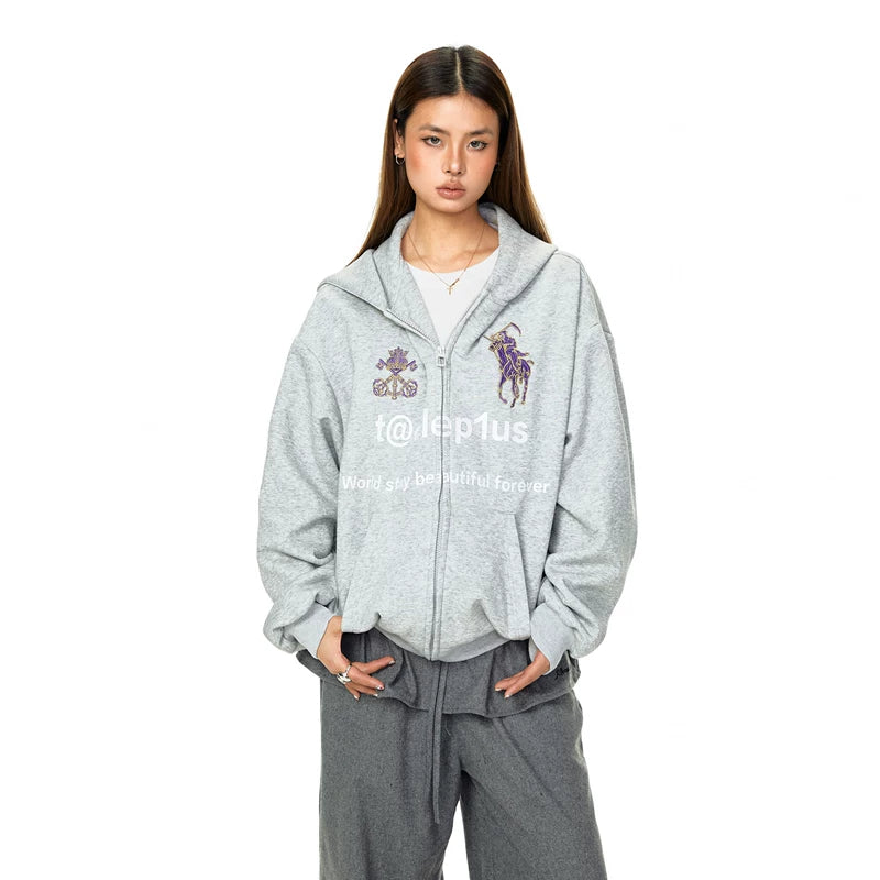 ,26298:8461999,6019848376004,26298:8461999,6019848376005,26298:8461999,6019848376006,6019848376004,6019848376005,6019848376006, Retro War Horse Embroidered Zip Hoodie