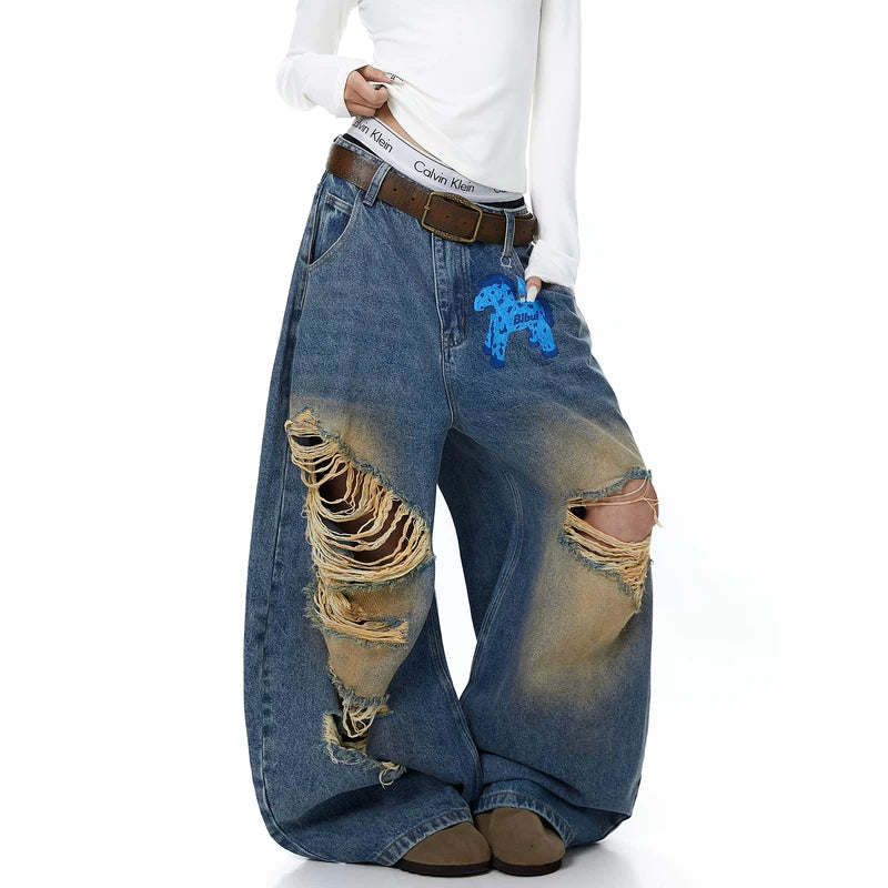Distressed Wide Leg Ripped Denim Pants 2