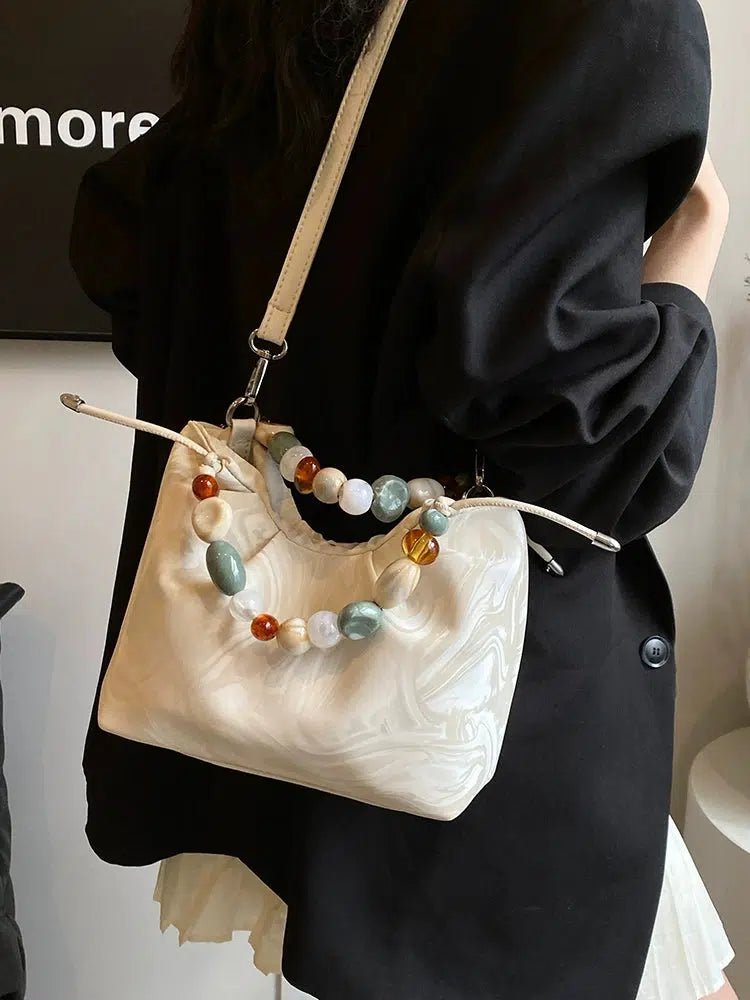 Beaded Handle Marbled Handbag