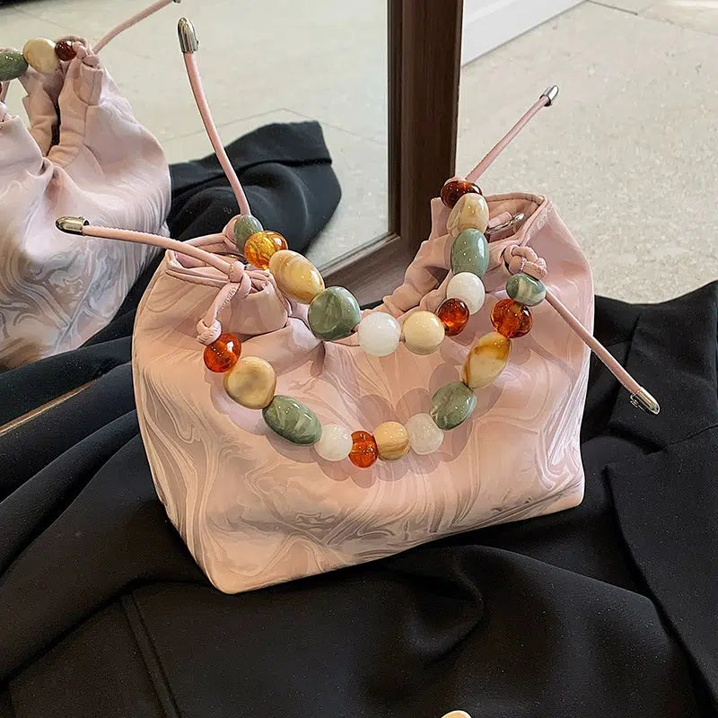 Beaded Handle Marbled Handbag